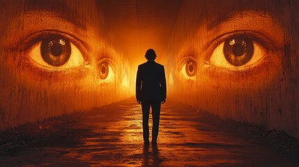 Poster - A man stands in a tunnel with two eyes in the background