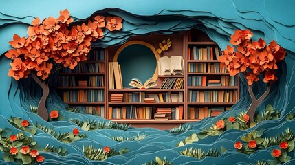 Poster - Delightful paper cut style scene of a cozy library with stacks of books and cozy reading nooks designed to inspire education and imagination celebrating World Book Day in a whimsical way