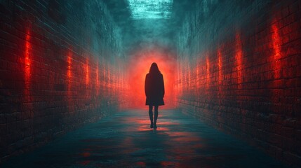 Sticker - A woman walks down a dark, narrow tunnel with red and blue lighting