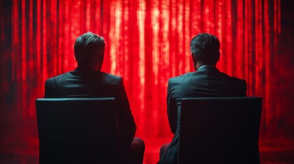 Sticker - Two men sit in chairs in front of a red curtain