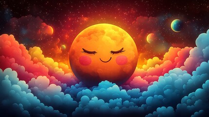 Poster - Delightful retroinspired illustration of a cheerful planet dancing among colorful clouds representing Earth Day and World Environment Day in a fun and playful cartoon style