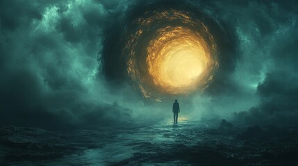 Wall Mural - A man is walking through a tunnel in a dark, cloudy sky