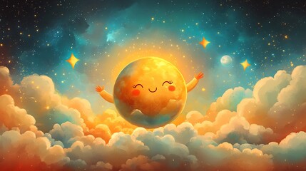 Poster - Delightful retroinspired illustration of a cheerful planet dancing among colorful clouds representing Earth Day and World Environment Day in a fun and playful cartoon style