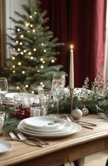 Poster - Elegant holiday dinner table setting with candles, greenery, and a Christmas tree in the background