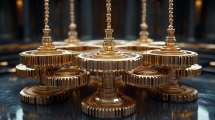 Aufkleber - Golden gears mesh perfectly in an elaborate arrangement, highlighting meticulous design and engineering prowess in a contemporary environment.