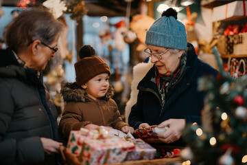 A woman and a child are looking at a box of presents