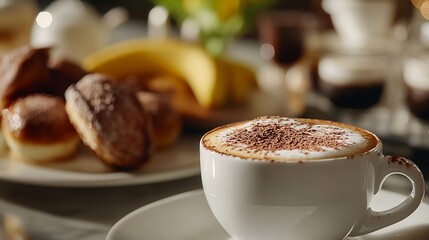 Close-up of a coffee cup with a sprinkle of cocoa powder on the foam, set against a backdrop of a beautifully arranged breakfast