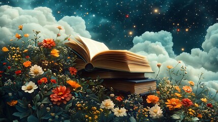 Poster - Delightful World Book Day banner depicting a magical book landscape with floating books radiant floral elements and a dreamy background of stars and soft clouds