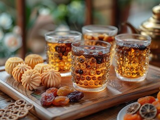 A wooden tray holds four glasses of tea and assorted sweets, creating a cozy atmosphere.