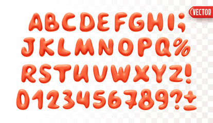 Fototapete - Plastic 3d realistic font liquid shapes red color. A set of letters and numbers isolated on a white background with a transparency effect. vector illustration