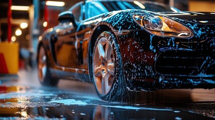 Close-up of a shiny black car being washed