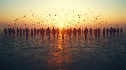 Aufkleber - A diverse group of individuals stands together on a flat terrain during sunset, with lines connecting them, representing unity and digital connectivity in modern society.