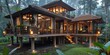 © aicandy - A stunning architectural masterpiece showcasing a modern elevated home enveloped by lush greenery in a serene forest environment at dusk