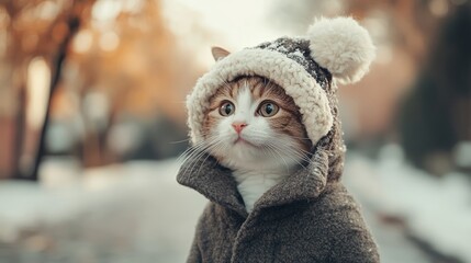 Adorable cat dressed in cozy winter clothes walking through snowy outdoor landscape, featuring a fluffy pet in a warm jacket and hat, enjoying a winter wonderland adventure amidst snow-covered trees a