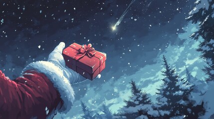 Wall Mural - Magical Christmas night with Santas hand releasing a gift under starry sky