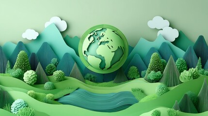 Poster - Detailed 3D paper art globe floating above a green landscape with forests and rivers representing Earth Day The ecofriendly concept emphasizes the importance of protecting nature and the environment