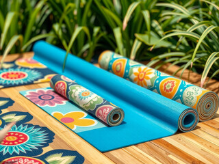 A blue and green yoga mat is on a wooden table. There are three mats in total, with one being blue and the other two being green