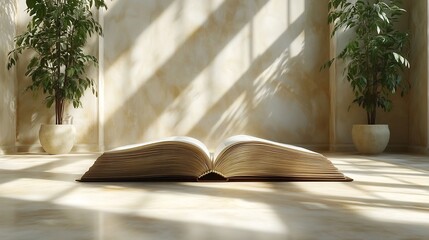 Poster - Detailed 3D rendering for World Book Day showcasing an open book on a minimalistic background with gentle lighting and ample space for text representing clarity and knowledge in a refined design