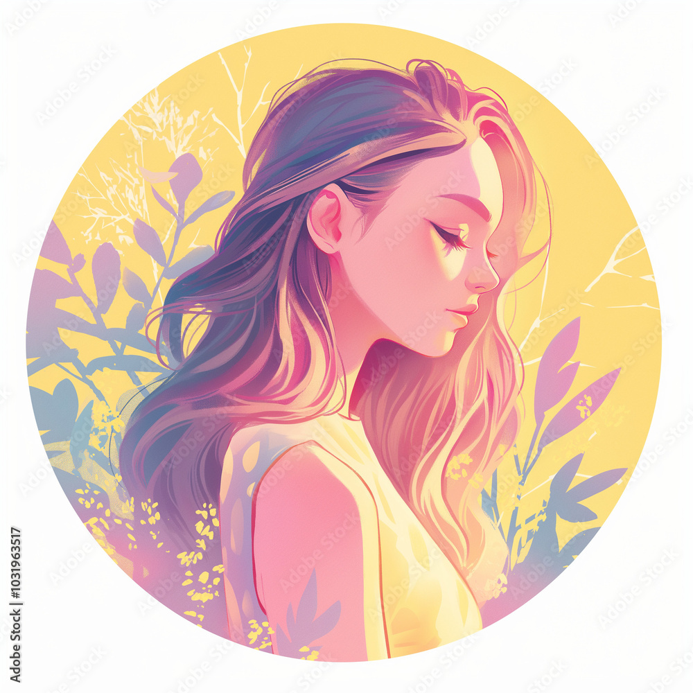 Dreamy beautiful woman surrounded by foliage in a soft circular illustration with a gentle background