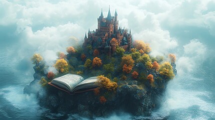 Poster - Detailed 3D rendering of a fantasy kingdom with a castle popping out of an open book with vibrant colors dragons and ethereal clouds capturing the spirit of adventure for World Book Day