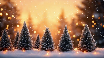 Wall Mural - A snowy winter landscape with Christmas trees and twinkling lights at sunset