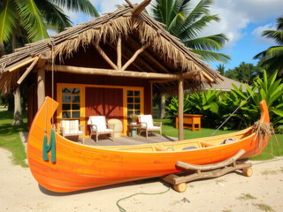 Wall Mural - A large orange canoe is sitting on the sand next to a small house. The canoe is tied to a wooden post and is surrounded by chairs and a bench. The scene gives off a relaxed and leisurely vibe