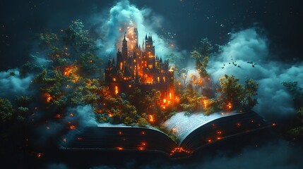Poster - Detailed 3D rendering of a fantasy kingdom with a castle popping out of an open book with vibrant colors dragons and ethereal clouds capturing the spirit of adventure for World Book Day