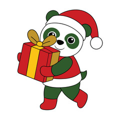 Wall Mural - Adorable Panda Holding Christmas Gift Box Vector.