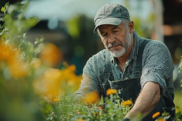 Middle aged man trimming grass with weed cutter, taking care for his backyard. The concept of a beautiful garden, Generative AI