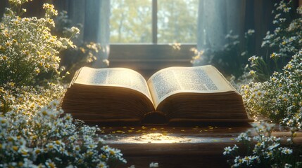 Poster - Detailed 3D rendering of an open book resting on a polished wooden table with delicate flowers placed around it symbolizing knowledge and beauty in a harmonious setting for World Book Day
