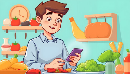 Food safety with young man using a smartphone isolated with white highlights, png