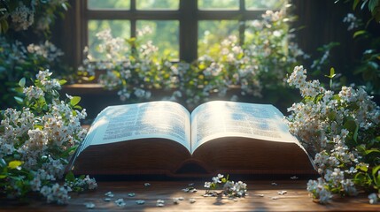 Poster - Detailed 3D rendering of an open book resting on a polished wooden table with delicate flowers placed around it symbolizing knowledge and beauty in a harmonious setting for World Book Day