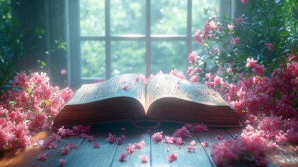 Poster - Detailed 3D rendering of an open book resting on a polished wooden table with delicate flowers placed around it symbolizing knowledge and beauty in a harmonious setting for World Book Day