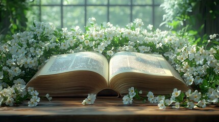 Poster - Detailed 3D rendering of an open book resting on a polished wooden table with delicate flowers placed around it symbolizing knowledge and beauty in a harmonious setting for World Book Day