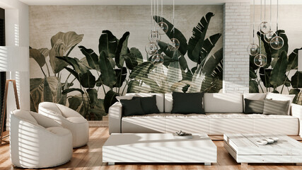 Wall Mural - Large luxury modern Relaxing and Comfortable bright interiors Living room mockup illustration 3D rendering image