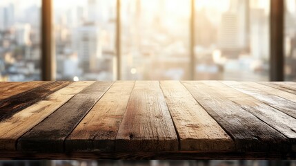 Poster - rustic wooden table with city view background