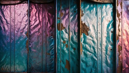 Wall Mural - Close-up of an iridescent metal surface with peeling paint.