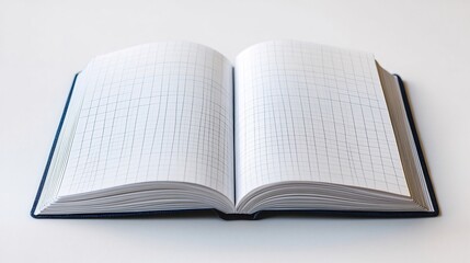 Poster - Detailed cartoon realistic 3D rendering of an open note book with crisp white grid paper minimalistic design and empty copy space set against a clean white background for creative ideas