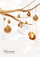 Poster - Merry Christmas and Happy New Year poster. Realistic 3d golden Christmas baubles hanging from sparkling gold branch on bright white background. Vector illustration