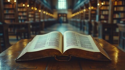 Poster - Detailed closeup of an open book pages gently turning set against a softly blurred library backdrop with rows of bookshelves capturing the essence of reading on World Book Day