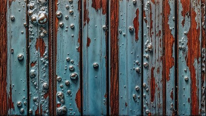 Sticker - Closeup of a weathered wooden surface with peeling blue paint and silver bubbles.