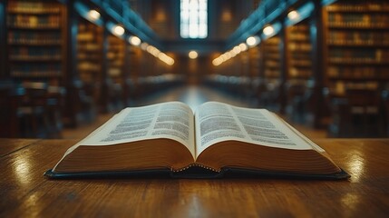 Poster - Detailed closeup of an open book pages gently turning set against a softly blurred library backdrop with rows of bookshelves capturing the essence of reading on World Book Day