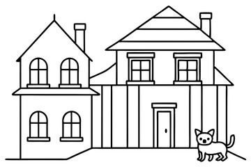  Hand-drawn coloring page with a two-storied house and cat stock vector illustration