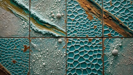 Canvas Print - Close-up of textured tiles with a blue, white, and gold color scheme.