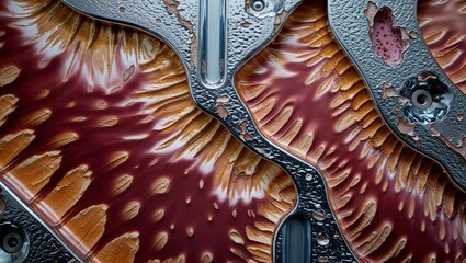 Wall Mural - Abstract close-up of a textured surface with red, orange, and silver tones.