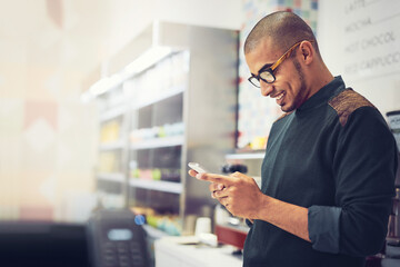 Poster - business, barista and man in coffee shop, smartphone and typing with connection, internet and app. p