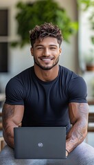 Poster - Smiling Muscular Man Using Laptop, Working Remotely From Cafe. Handsome Freelancer Outdoor