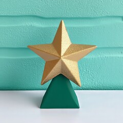 A golden star sculpture atop a green base against a textured turquoise background.