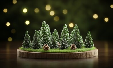 Miniature evergreen forest with pinecones on a wooden base surrounded by soft glowing lights