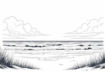 Wall Mural - Seascape Line Drawing with Clouds and Beach Grass